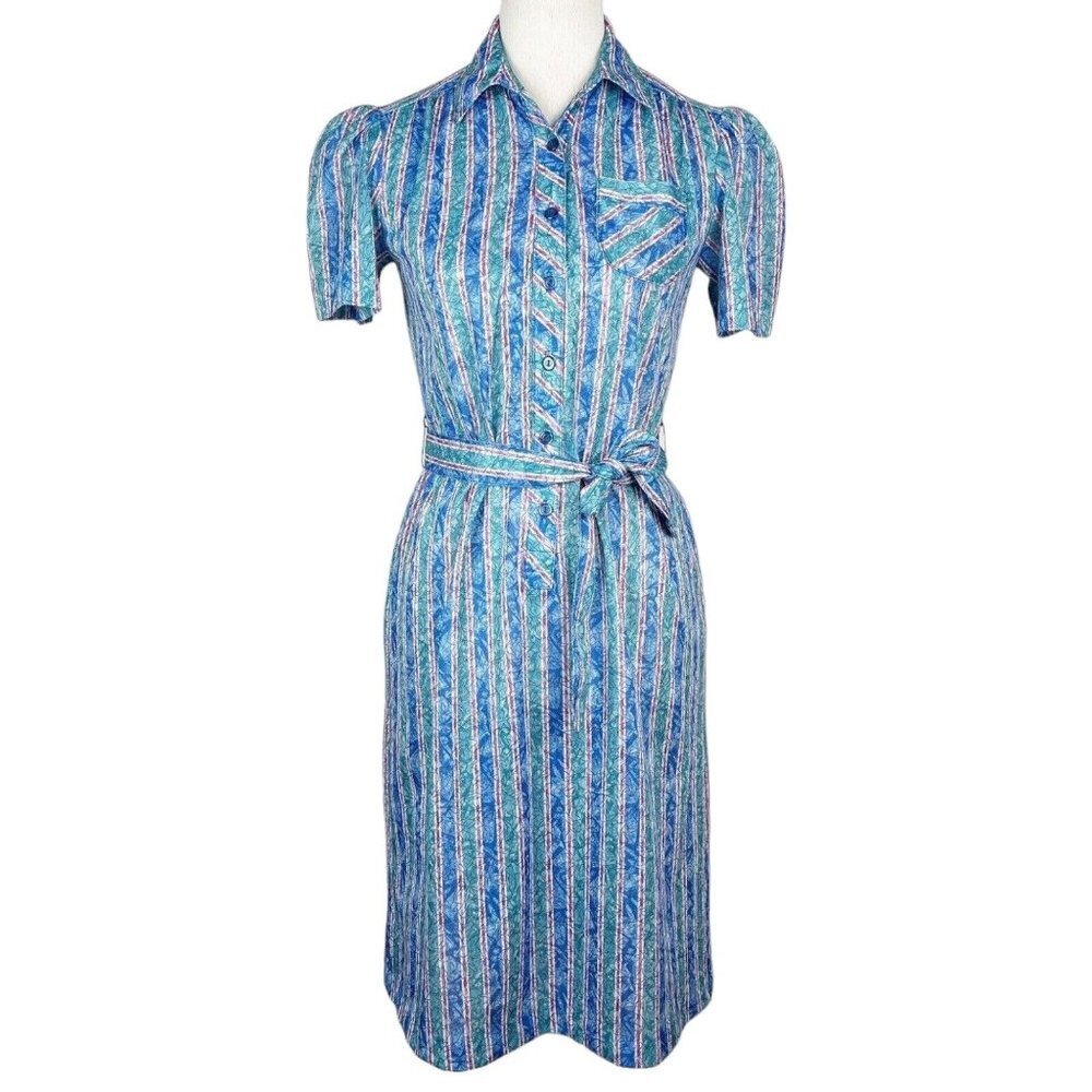 Vintage 70s Midi Button Up Shirt Dress Womens Medium Striped Blue